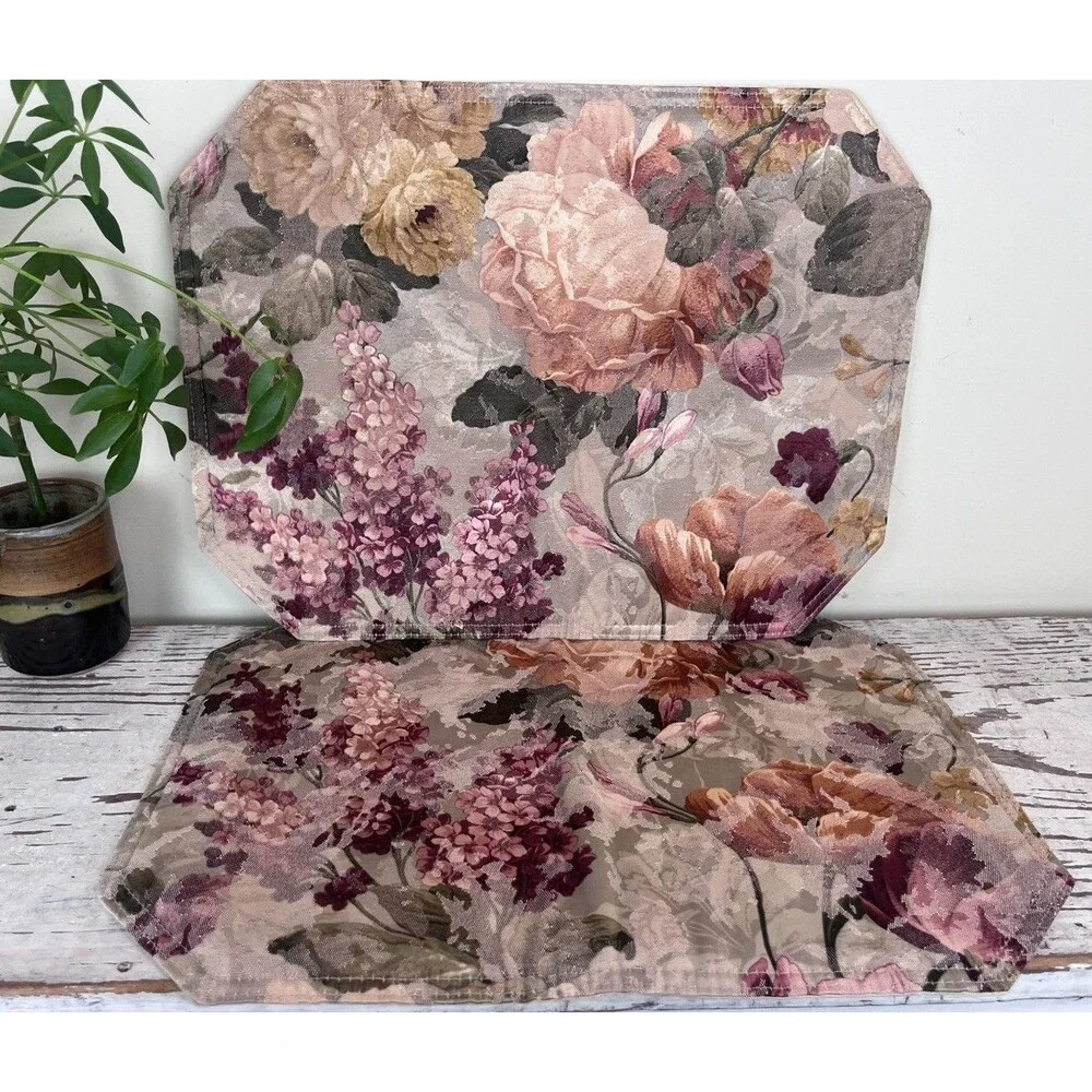 Vintage Quilted Fabric Floral Bouquet Roses Lilacs, Muted Foliage Placemats Set